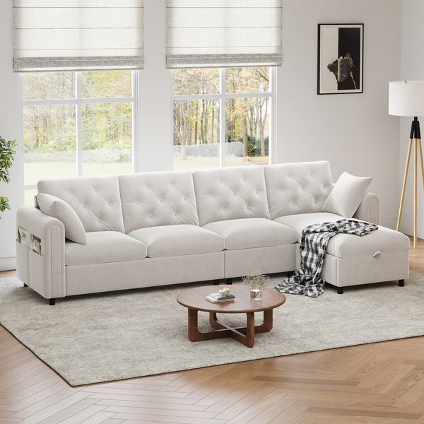 L-förmiges Ecksofa mit Samtbezug, Schlaffunktion, Stauraum, seitliche Taschen, beige