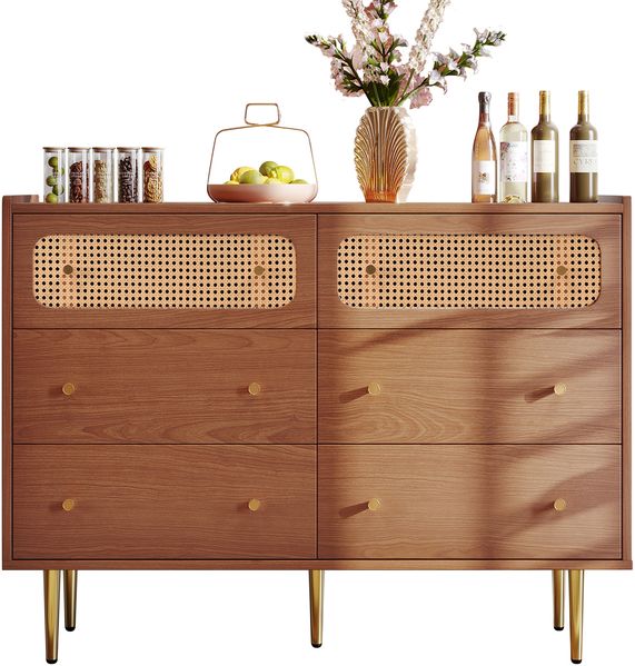 Vintage Kommode mit 6 Schubladen, Rattan-Dekor & goldenen Metallgriffen, Nussbaum Sideboard Highboard H90xB120xT40cm für Schlafzimmer & Wohnräume