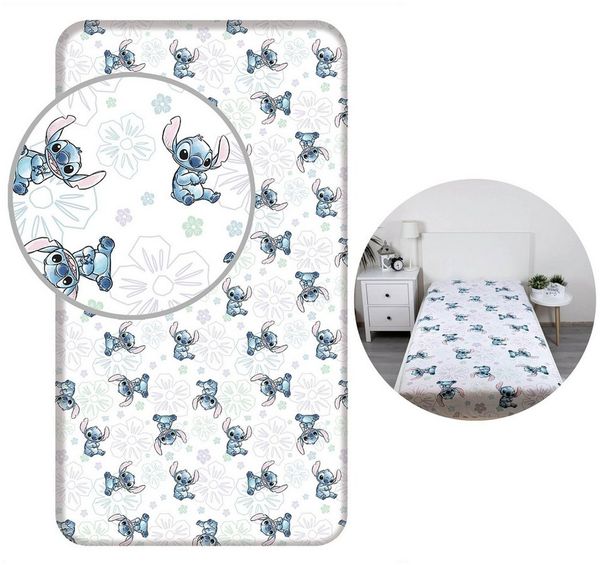 Sarcia. eu Kinderbettwäsche DISNEY Stitch Kindelaken mit Gummizug 100% Baumwolle 90x200cm+25cm