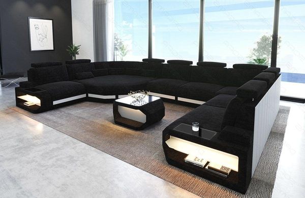 Sofa Dreams Wohnlandschaft Stoff Sofa Polster Couch Asti, Webstoff Strukturstoff, U Form Stoffsofa mit LED, USB-Anschluss, große Ecke, Designersofa