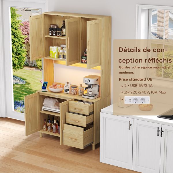 Sideboard mit App-gesteuerter LED, 3 Schubladen, 2xDoppeltüren & 1xEinzeltür, USB und Steckdosen, Rattan und Natur, MDF,Natürlich