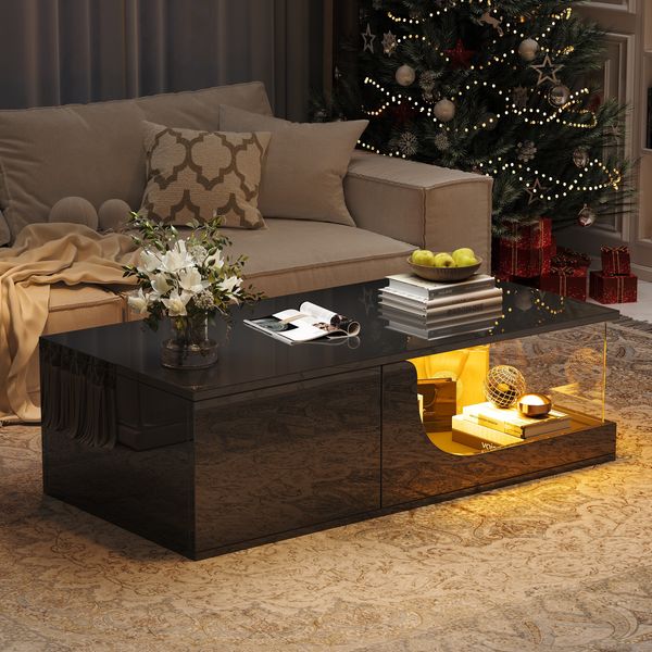 Couchtisch Sofatisch, zwei Schubladen, Hochglanz Wohnzimmertisch mit LED, tragende Tischplatte aus gehärtetem Glas, MDF und Glas, schwarz, 100 x 50 x 30 cm