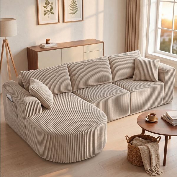 COMHOMA Sofa Ecksofa mit Schlaffunktion, Corduroy Modulares Boneless Couch, mit Chaiselongue, L-Form Schlafsofa, Sektionssofas mit Kissen & Seitentaschen