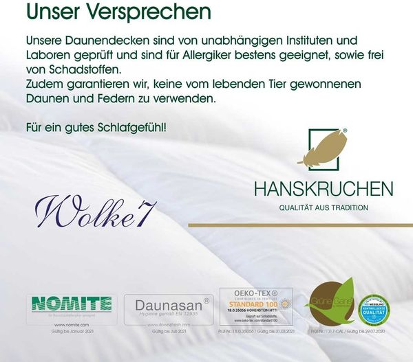 HANSKRUCHEN Daunendecke Wolke 7 - Wäremklasse:Leicht - 200 x 200 cm - 2,080 kg Bild 6