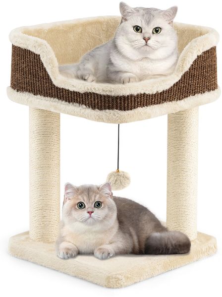 Klein Kratzbaum mit Plüschsitz & Ball & Sisal-Kratzsäulen Katzenbaum Katzenkratzbaum Beige