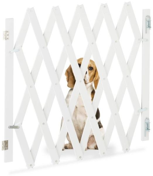 Relaxdays Hundeabsperrgitter ausziehbar bis 126 cm, 70-82 cm hoch, Bambus, Hunde Schutzgitter, für Treppe & Tür, Weiß