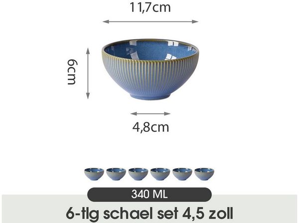 JIWOO Müslischale 6er Ø11,7cm, Frühstückschalen Eisschale Dessertschalen Obstschale, Keramik, (Schaleset, 6-tlg), Bowl, Hochwertiges Schalen Blau Schale Mikrowellenofen Spülmaschine
