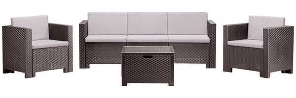 Dmora Loungeset für draußen Cameri, Outdoor-Lounge mit Couchtisch, Terrassenset mit Kissen, Gartenkomposition mit Sofa und Sesseln, Made in Italy, Braun