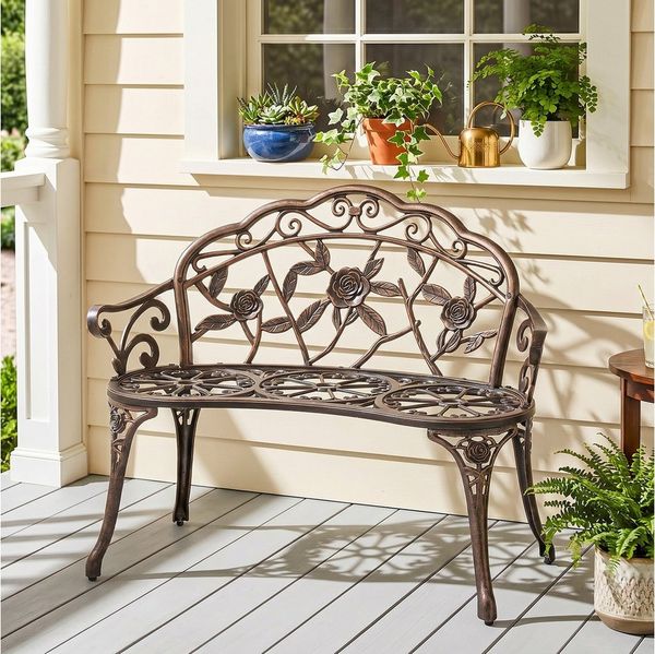 Outsunny Gartenbank mit Blumenmuster (Balkonbank, 1-St, Sitzbank im Retro Stil), für Balkon Terrasse, Garten, 100 x 54 x 78 cm, Bronze