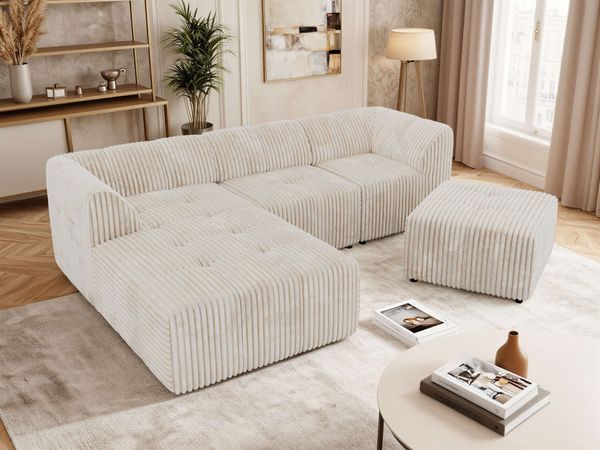 Modernes Wohnzimmer Sofa mit Hocker VORITA 4M L Freistehendes Ecksofa, L-Couch, Gepolstertes Sofa, Wellenfedern, Wohnlandschaft - Beige Cord - Links