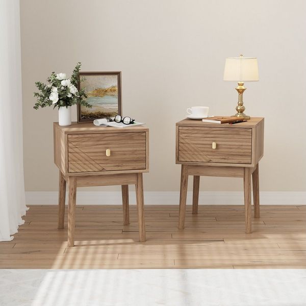 REDOM Nachttisch Kommode,Nightstand (Mid-Century Modern Nussbaum Nachttisch, 2er Set, 40x40x55 cm, Metallgriffe, großzügiger Stauraum, Rillenmuster-Design, 2-St, 40x 40 x 55 cm), 2 Stück