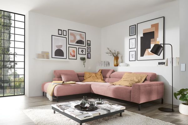 KAWOLA Sofa DELIA Ecksofa Feincord rosa mit motorischem Sitzvorzug Recamiere links 74 x 219 x 276 cm