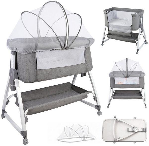 JEOBEST Beistellbett 3 in 1 Babybett, Schaukelmodus, mit atmungsaktivem Netz und Laken, mit Rollen Kinderbett, 6-Fach Höhenverstellung, Moskitonetz, Lagerung