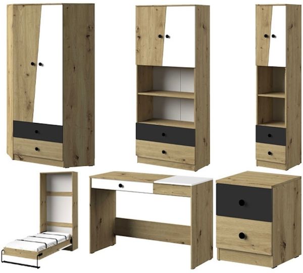 Jugendzimmer Set Nero 6-teilig artisan eiche weiß schwarz matt