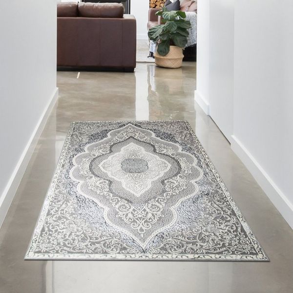 Carpetia Teppich Orientteppich mit Verzierungen glänzend silber grau-beige, rechteckig, Höhe: 12 mm, Allergiker-freundlich