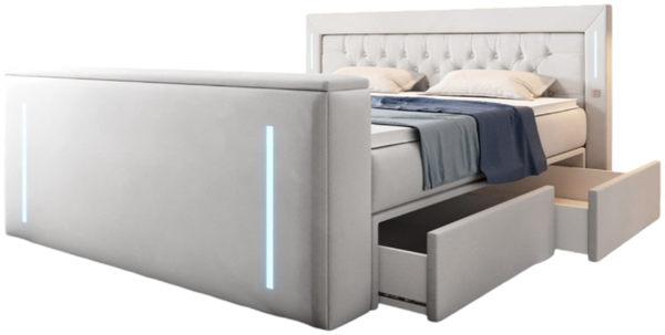 Boxspringbett Divaneo mit TV Lift und Stauraum (2 Schubladen) 140x200 Weiß H2 (bis 70kg)
