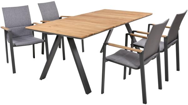 5-tlg. Teak Alu Tischgruppe DAVINA Set Garten Sitzgruppe Outdoor Grau Holz Möbel