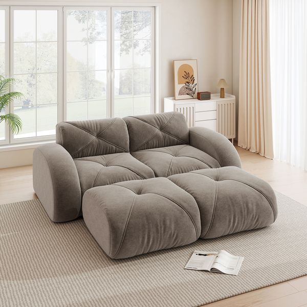 Modulares 2-Sitzer Sofa H 76 x T 204 x B 171 cm aus Chenille in Braun, rahmenlos, mit 2 Hockern