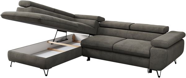 Mks Möbel 'Peter L-form' Ecksofa mit Bettfunktion, Bettkasten & einstellbaren Kopfstützen, Dunkelgrau, Velours, mit Topper, links Bild 5
