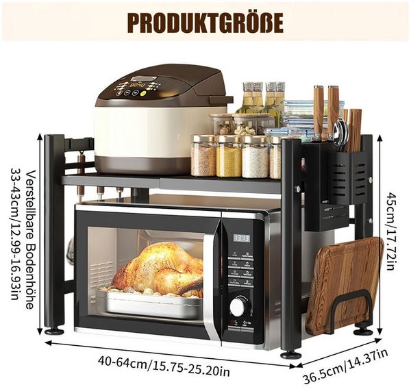 SURFOU Standregal Mikrowellen Regal 2-Stufig Microwave Shelf Schrank Küchenregal 40-60cm, Küchen Mikrowelle Ständer Regal, Kohlenstoffstahl Küchenaufbewahrung Organizer Erweiterbares