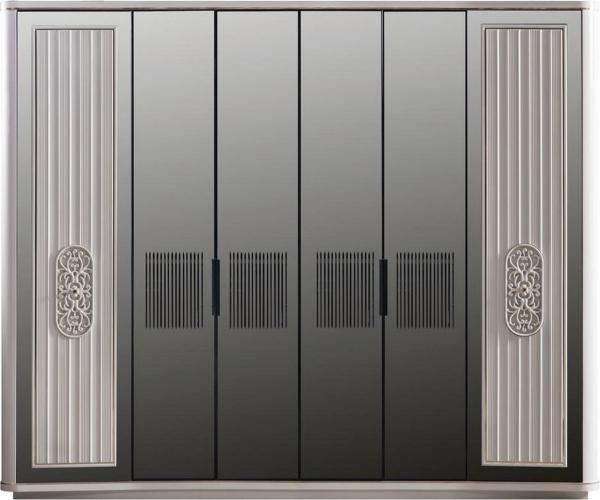 Casa Padrino Luxus Art Deco Schlafzimmerschrank Weiß / Schwarz 265 x 67 x H. 220 cm - Edler Massivholz Kleiderschrank mit 6 verspiegelten Türen - Schlafzimmer Möbel - Luxus Qualität