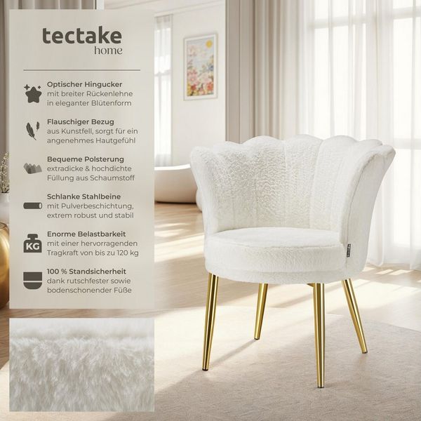 tectake Esszimmerstuhl Sessel dick gepolstert, mit Samtbezug oder Kunstfell, 67 x 64 x 76 (Wohnzimmersessel Stella in Kunstfell creme/gold, 1 St), gewölbte, extrabreite Rückenlehne, bodenschonend, Belastbarkeit 120 kg