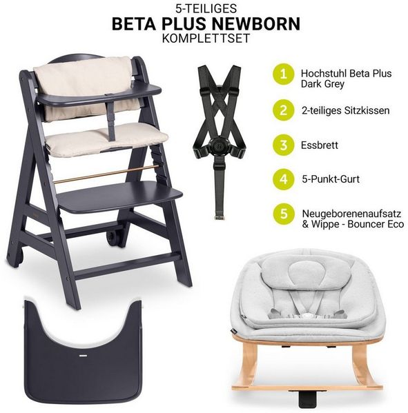 Hauck Hochstuhl Beta Plus Dark Grey Newbornset Eco - Light Grey (Set), Holz Babystuhl ab Geburt mit Neugeborenensufsatz, Sitzkissen, Essbrett