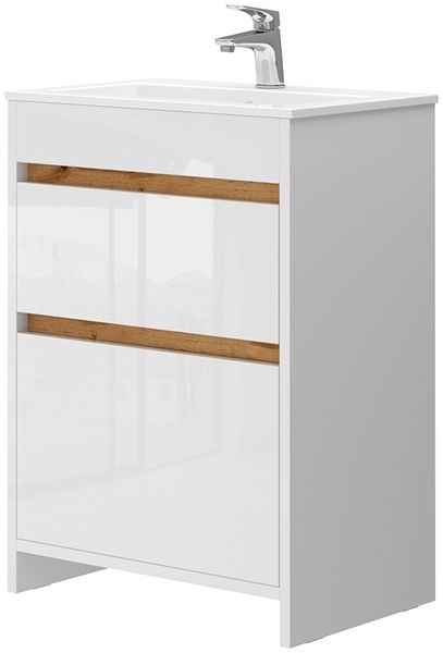Waschbeckenunterschrank Detmold Weiß Hochglanz/Goldkraft Eiche 2 Teile, Unterschrank 60 cm Vicco