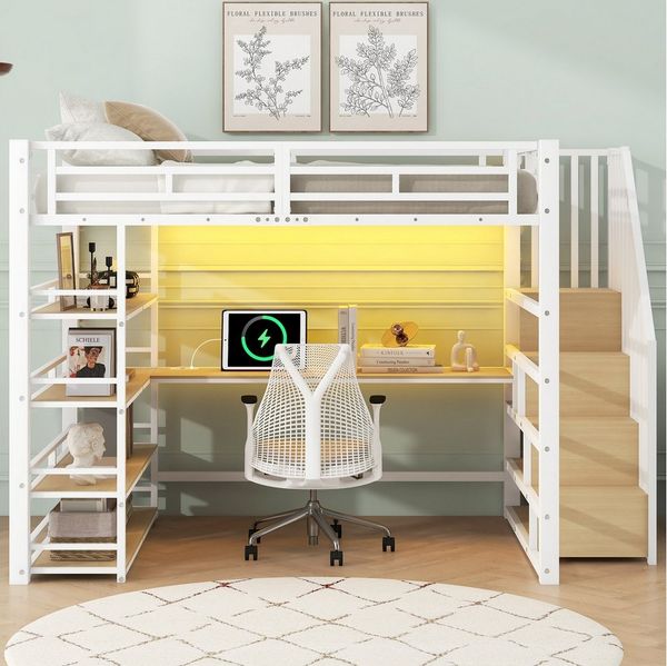 Merax Hochbett 140x200cm mit LED-Licht und USB-Ladestation (254.8 x 148 x 170 cm, Sicherheitsgeländern und Treppengeländern, 1-St, Etagenbett Jugendbett Einzelbett) Metallbett Kinderbett mit Schreibtisch Treppe Ablageflächen & Stauraum