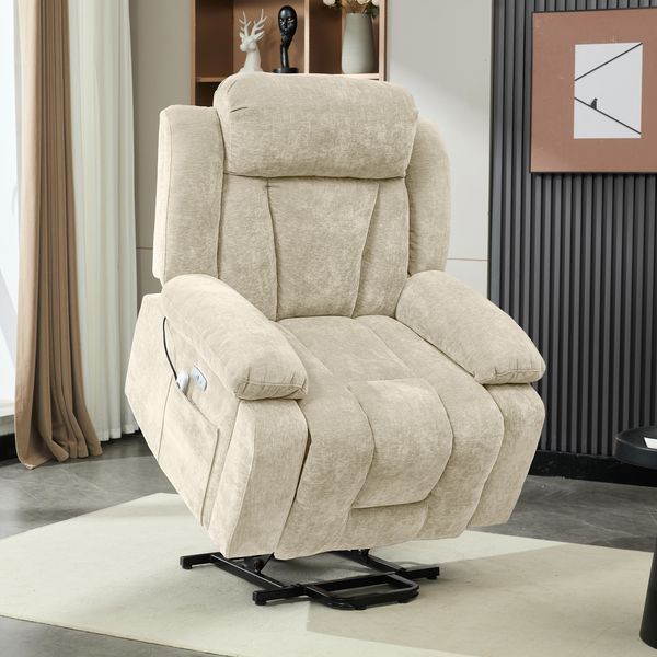 Merax 95*94*107cm Massagesessel elektrisch Relaxsessel mit 8-Punkt-Massage und Heizfunktion, Fernsehsessel Mit Hebefunktion, Stoffsofa mit Staufach und Seitentaschen, und USB, beige