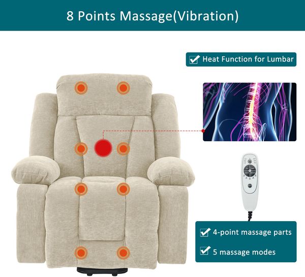 Merax 95*94*107cm Massagesessel elektrisch Relaxsessel mit 8-Punkt-Massage und Heizfunktion, Fernsehsessel Mit Hebefunktion, Stoffsofa mit Staufach und Seitentaschen, und USB, beige Bild 7