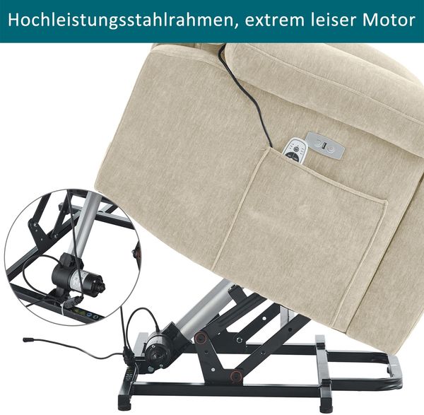 Merax 95*94*107cm Massagesessel elektrisch Relaxsessel mit 8-Punkt-Massage und Heizfunktion, Fernsehsessel Mit Hebefunktion, Stoffsofa mit Staufach und Seitentaschen, und USB, beige Bild 6