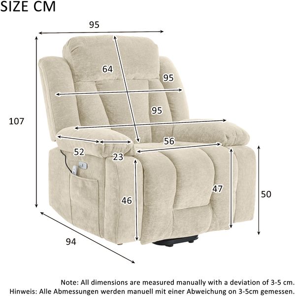 Merax 95*94*107cm Massagesessel elektrisch Relaxsessel mit 8-Punkt-Massage und Heizfunktion, Fernsehsessel Mit Hebefunktion, Stoffsofa mit Staufach und Seitentaschen, und USB, beige Bild 4