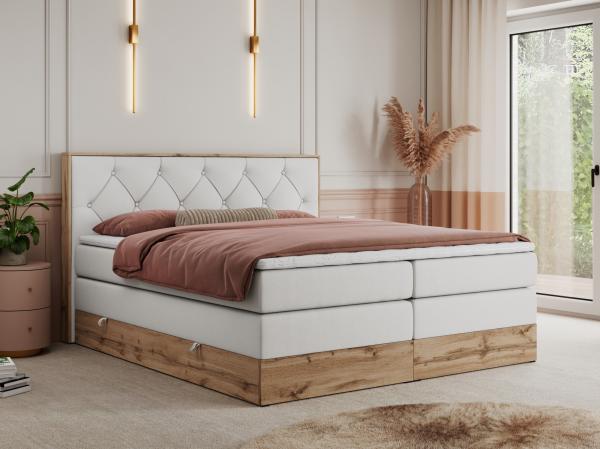 Boxspringbett VENETO KING, Doppelbett mit Multipocket-Matratze, Polsterbett mit Kopfstütze - 200 x 200 cm - Weiß Kunstleder - H3