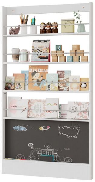 BlingBin Bücherregal Bilderbuchregal, Ausstellregal, Bücherschrank, Hochschrank, 4-ebiges Aufbewahrungsregal + bemalbares Schwarzbord 1-tlg, Kippschutz/Platz sparen, Bücherregal hinter der Tür, 100*10*180cm