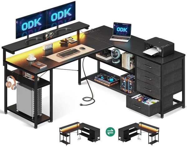 ODK Schreibtisch L Form LED 2 Steckdosen 2 USB 135×110cm Schwarz