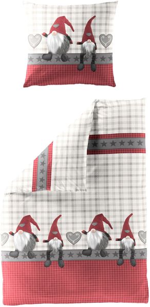 Bierbaum Biber Bettwäsche 135x200 Sterne Wichtel Karo grau rot beige 6946-01