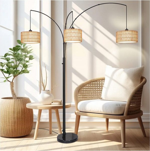MUPOO LED Stehlampe Boho Rattan Stehlampe, Vintage Stehlampe mit Rattan Lampenschirm, 175 cm LED Standleuchte mit 3-flammige,für Schlafzimmer Büro