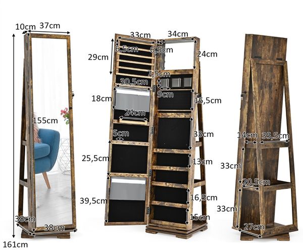 2 in 1 Schmuckschrank & Leiterregal mit Ganzkörperspiegel 39 x 39 x 161 cm Braun