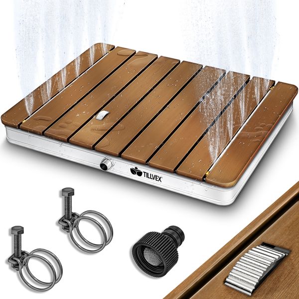 tillvex® Gartendusche eckig outdoor bis 4 m Fontänenhöhe | Bodendusche mit Fußrad | Außendusche rutschfest | Saunadusche wetterfest | Campingdusche aus Aluminium/WPC/Holzoptik
