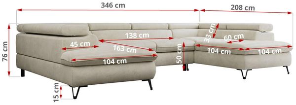 Mks Möbel 'Peter U' Wohnlandschaft mit Bettkasten, Bettfunktion & einstellbaren Kopfstützen, Beige, Velours Bild 8