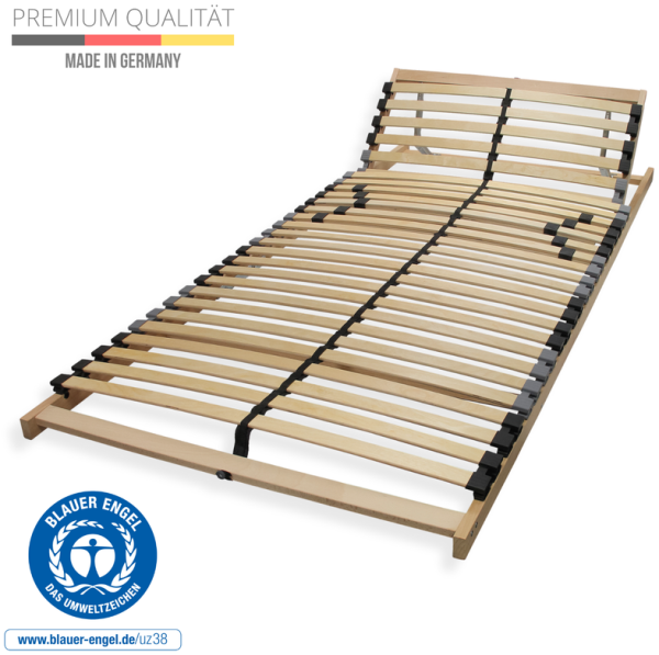 Premium Lattenrost, Punktelastischer 7 Zonen Lattenrahmen Buche, 28 Latten, Federholzrahmen MADE IN GERMANY, Lattenrost Kopfteil verstellbar, bis 150Kg, 90 x 200 cm