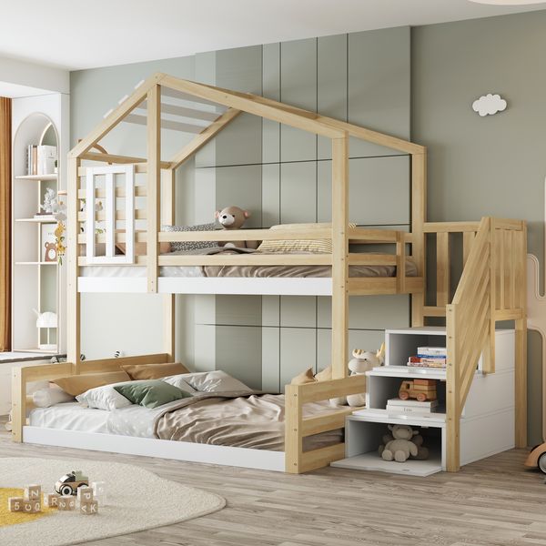 Etagenbett, 90*200cm , Kiefernholz, Bett mit Fenster, Hausleiste, Geländer, Stufentreppe zur Aufbewahrung, Natur