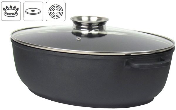 Haushalt International Bräter Aluguss-Bräter mit Glasdeckel inkl. Aromaknopf, Aluminiumguss, Fassungsvermögen ca. 8,5 Liter – für alle Herdarten außer Induktion