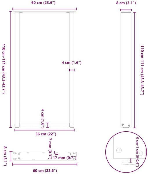 vidaXL Bartischbeine U-Form 2 Stk. Weiß 60x(110-111) cm Stahl 4013249 Bild 10