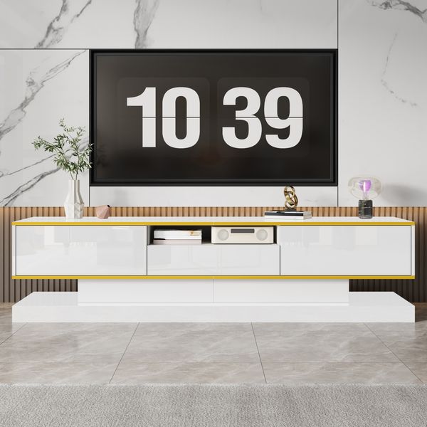 TV-Schrank 180x38x45 cm in Weiß Hochglanz mit LED, 3 Schubladen und goldenen Akzenten