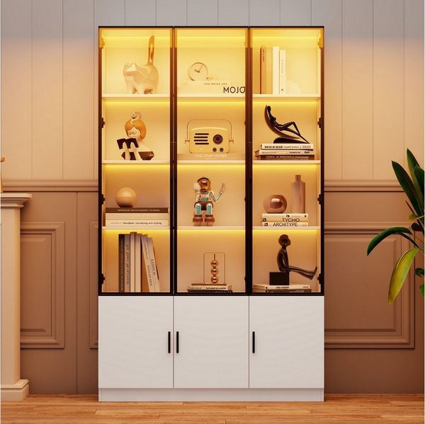 Merax Glasvitrine mit LED-Beleuchtung steuerbar per App (Wohnzimmerschrank Hochschrank Multifunktionsschrank, 1-St) Standvitrine mit 6 Türen und größer Stauraum, Vitrine, 120x32x200 cm