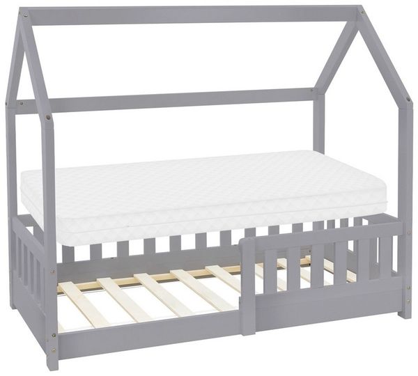 ML-DESIGN Kinderbett Hausbett Spielbett inkl. Lattenrost kreativ Bodenbett für Kinder, Abenteuerbett mit Rausfallschutz Spielbett Kiefer Hellgrau Himmelbett