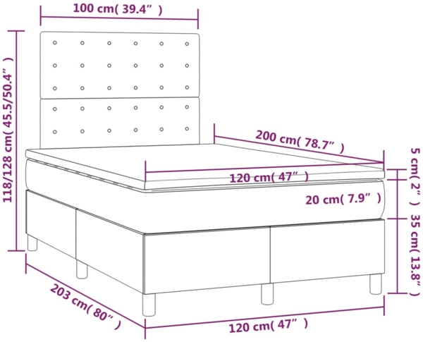 vidaXL Boxspringbett mit Matratze & LED Schwarz 120x200 cm Stoff, Härtegrad: H2 [3135743] Bild 7