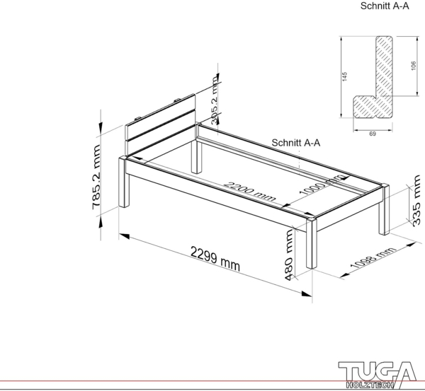 Pfostenbett Massivholzbett (Fichte) "Daybett" 100 x 220 cm 48 cm Holzbett 300kg Bild 3